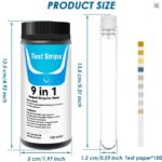 TEST DE TIRAS PARA ACUARIO DE 100 UND 9 en 1, CON TUBO ENSAYO PH_CU_CLORINE_NITRATE_CARBONATE_ALKALINITY_IRON_NITRITE_HARDENES