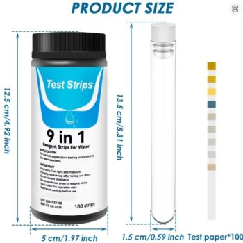 TEST DE TIRAS PARA ACUARIO DE 100 UND 9 en 1, CON TUBO ENSAYO PH_CU_CLORINE_NITRATE_CARBONATE_ALKALINITY_IRON_NITRITE_HARDENES